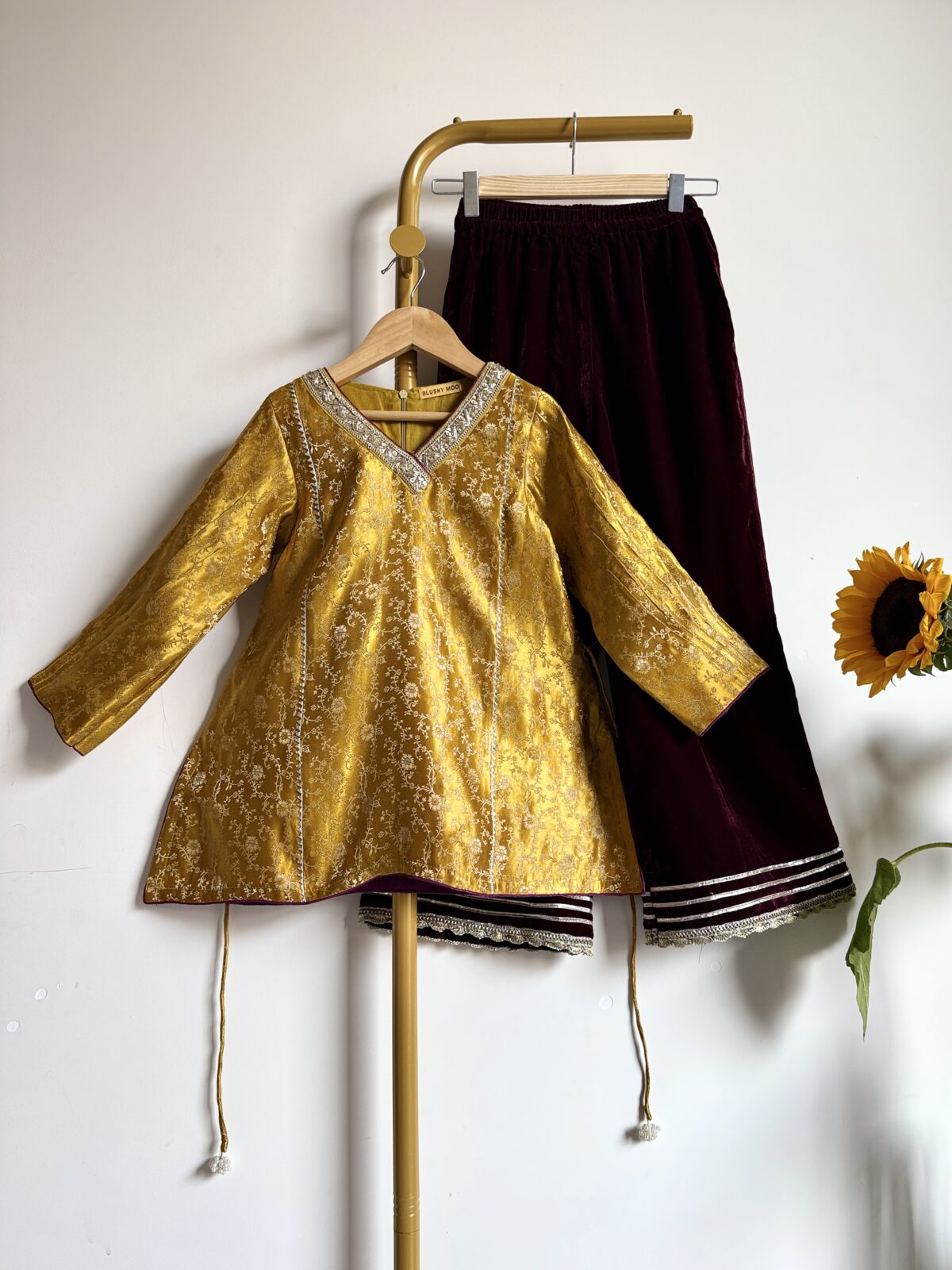 MUSTARD GOLD SILK KURTA & VELVET WINE PANTS