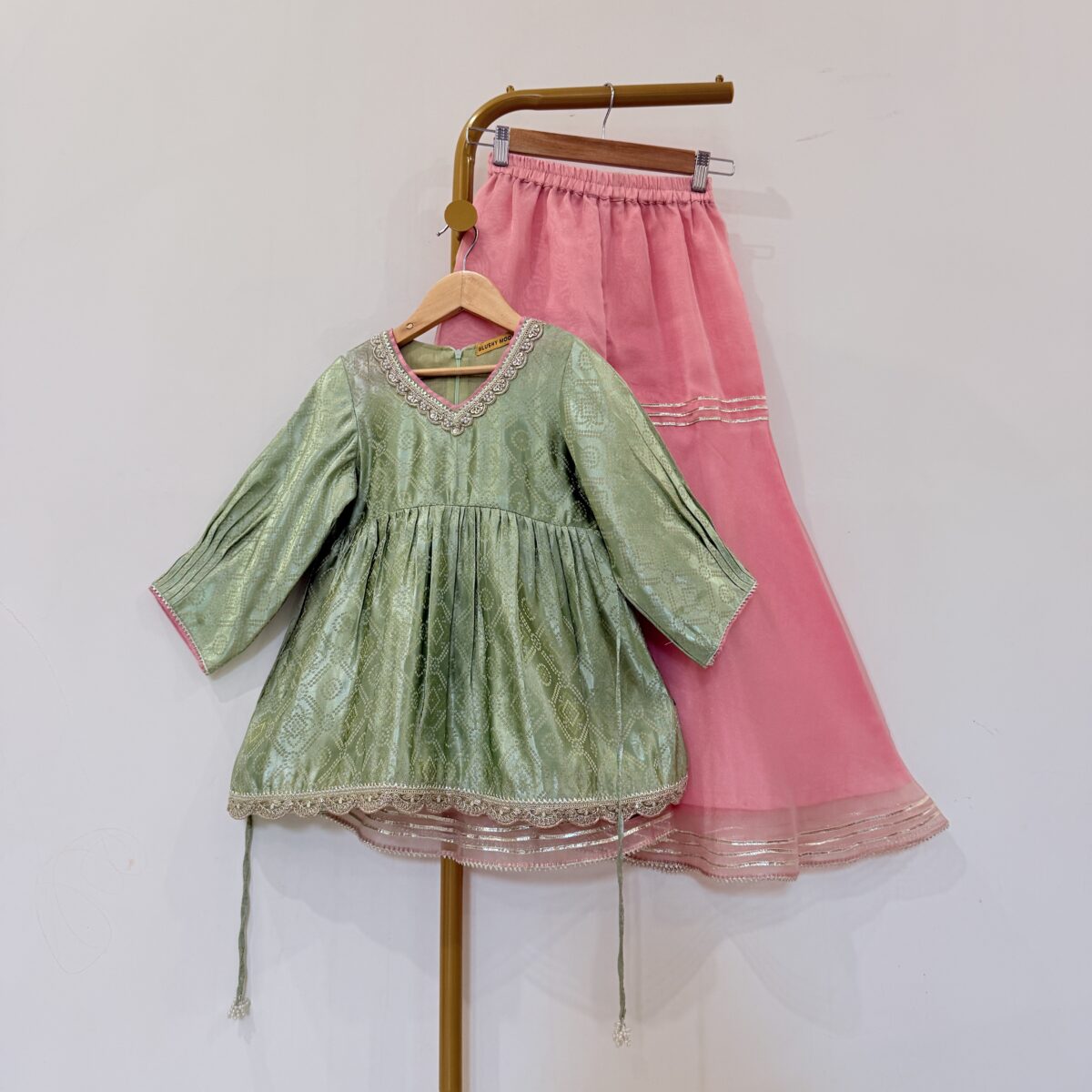 PASTEL GREEN SILK KURTA & PINK TISSUE SHARARA SET