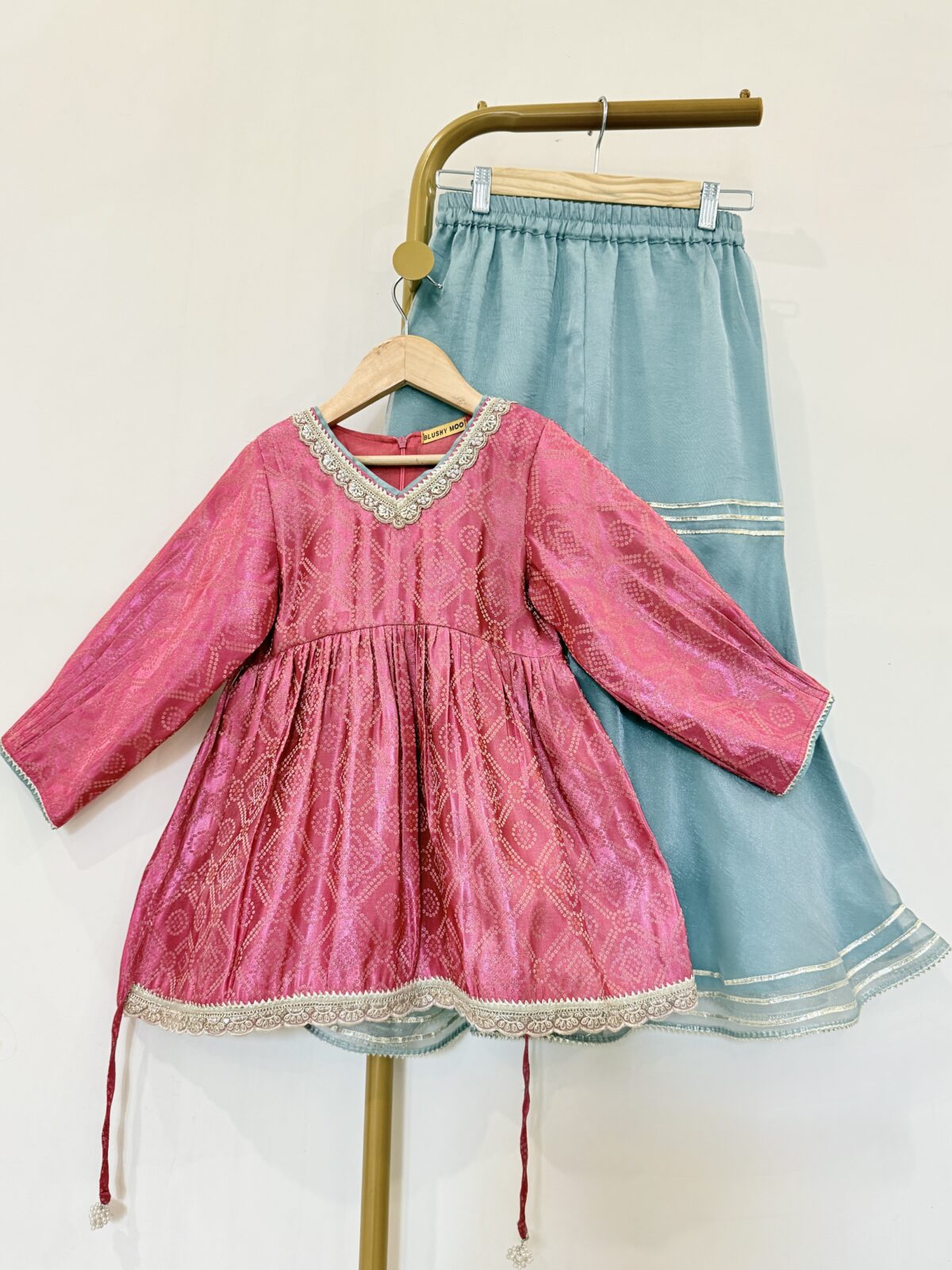 PINK & BLUE SILK KURTA-SHARARA SET