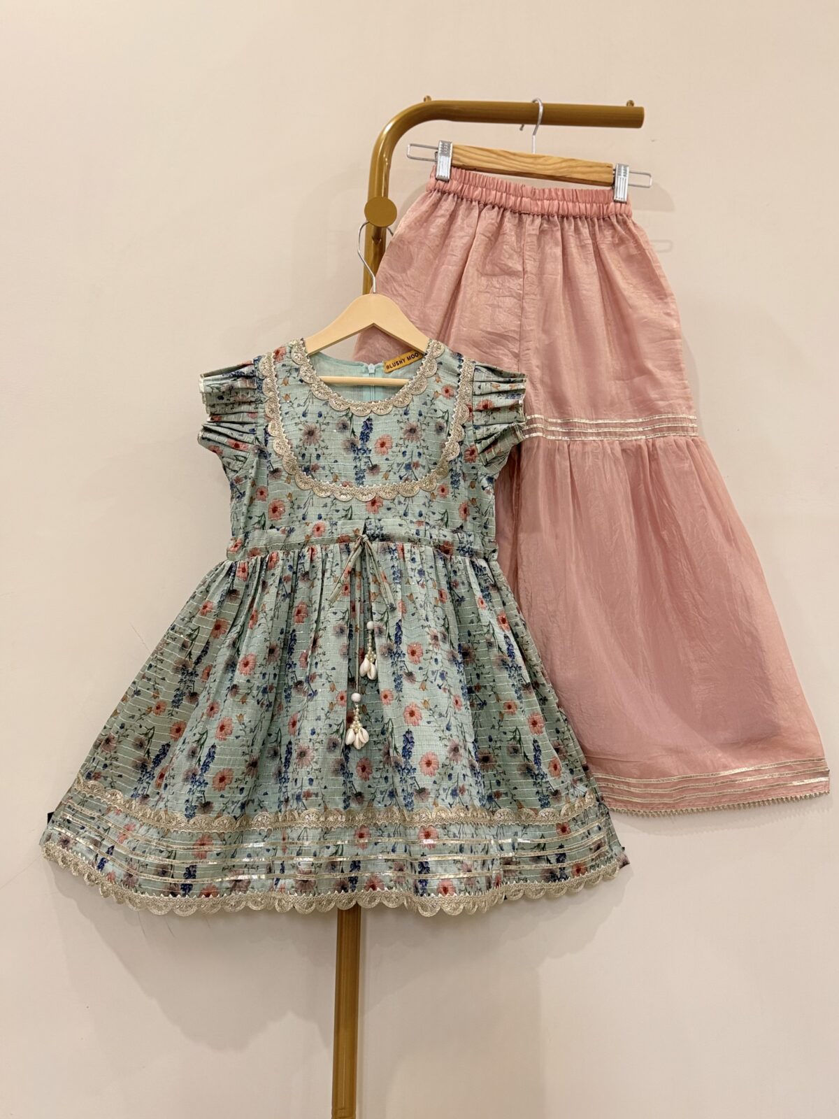 TURQUOISE FLORAL PEPLUM TOP & PINK SHARARA