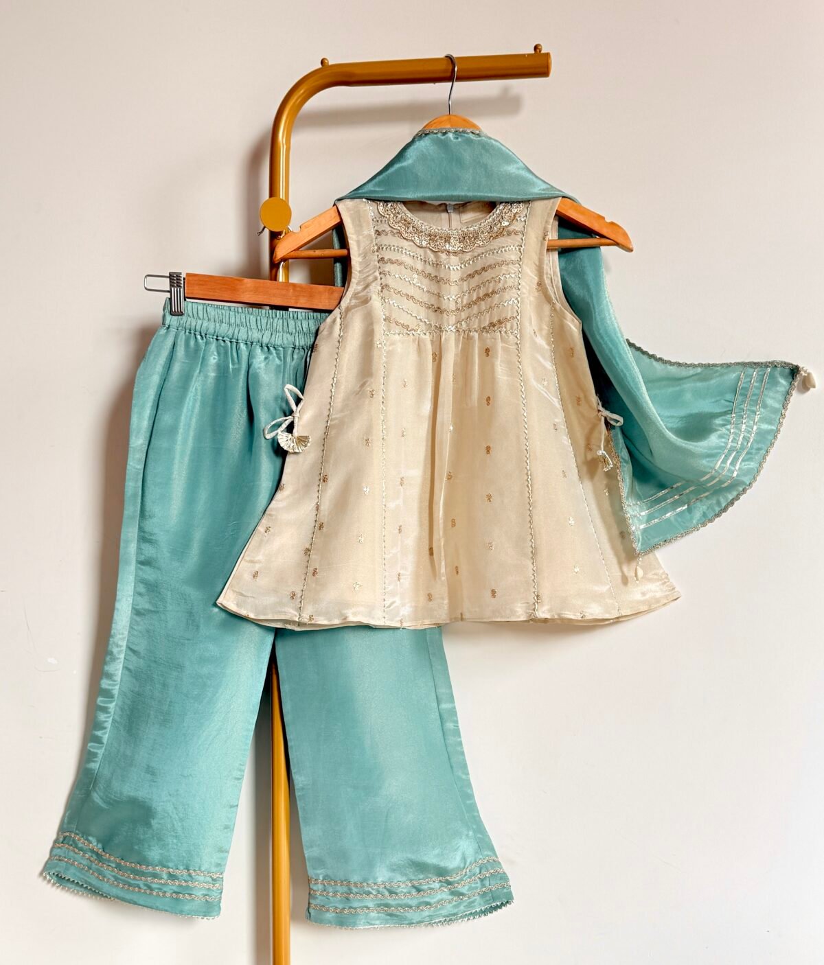 BEIGE EMBROIDERED PANELLED TOP & BLUE PANTS SET