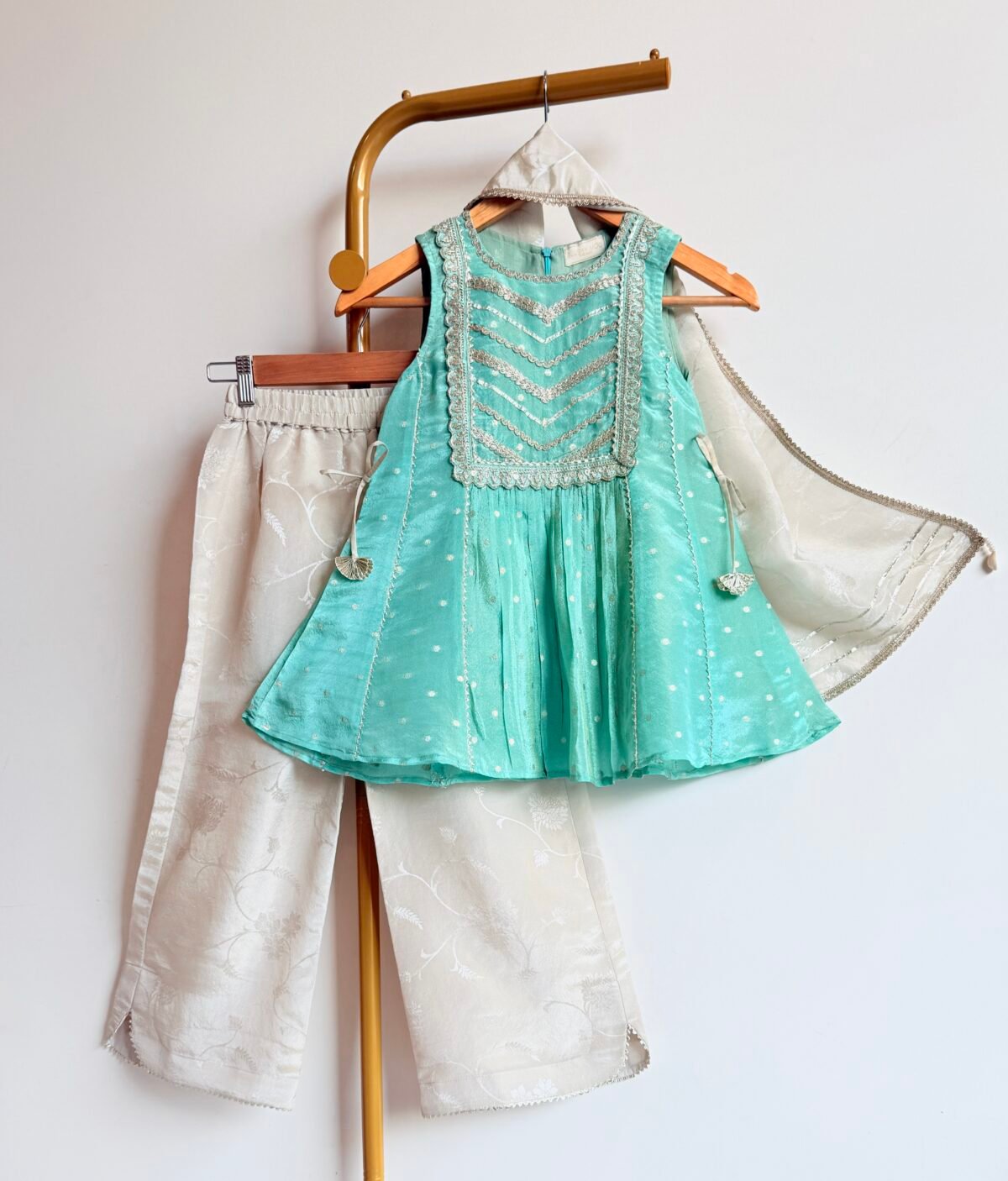 MINT BLUE POLKA KURTI & BEIGE PANTS SET