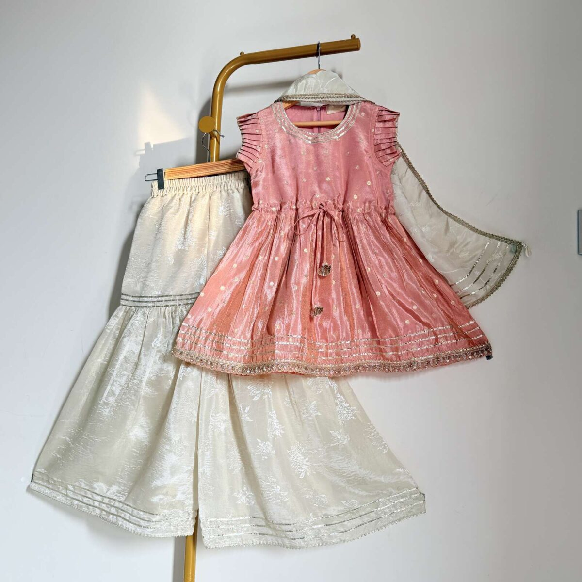 PINK POLKA FLARED KURTI & BEIGE SHARARA SET